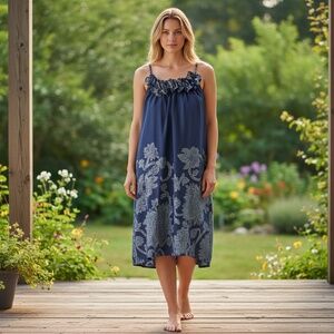 INC Navy Ruffle Neck Paisley Midi Dress Boho Cottagecore S